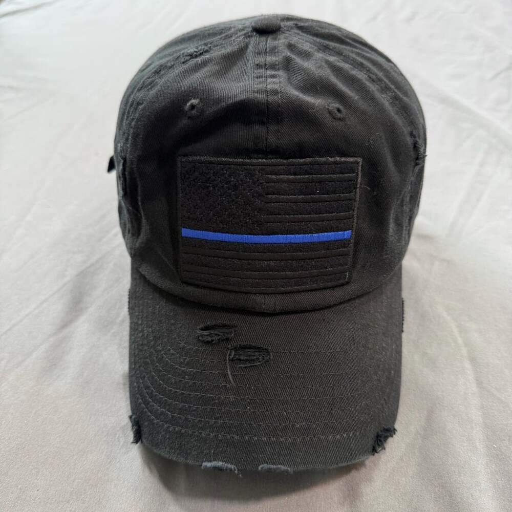 Kbethos Vintage Thin Blue Line American Flag Black Distressed Dad Hat